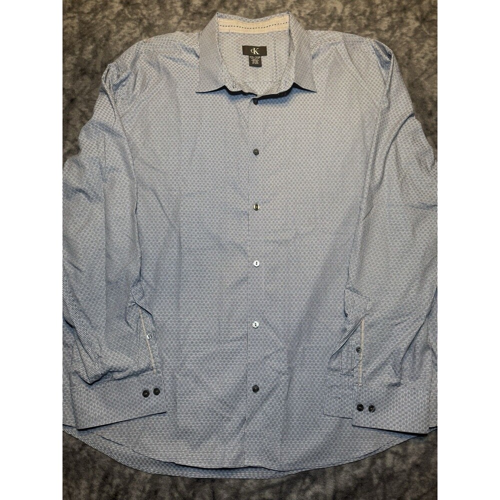 Calvin Klein Blue/White Geometric Dress Shirt 2XL 32/33 Cotton Easy Care